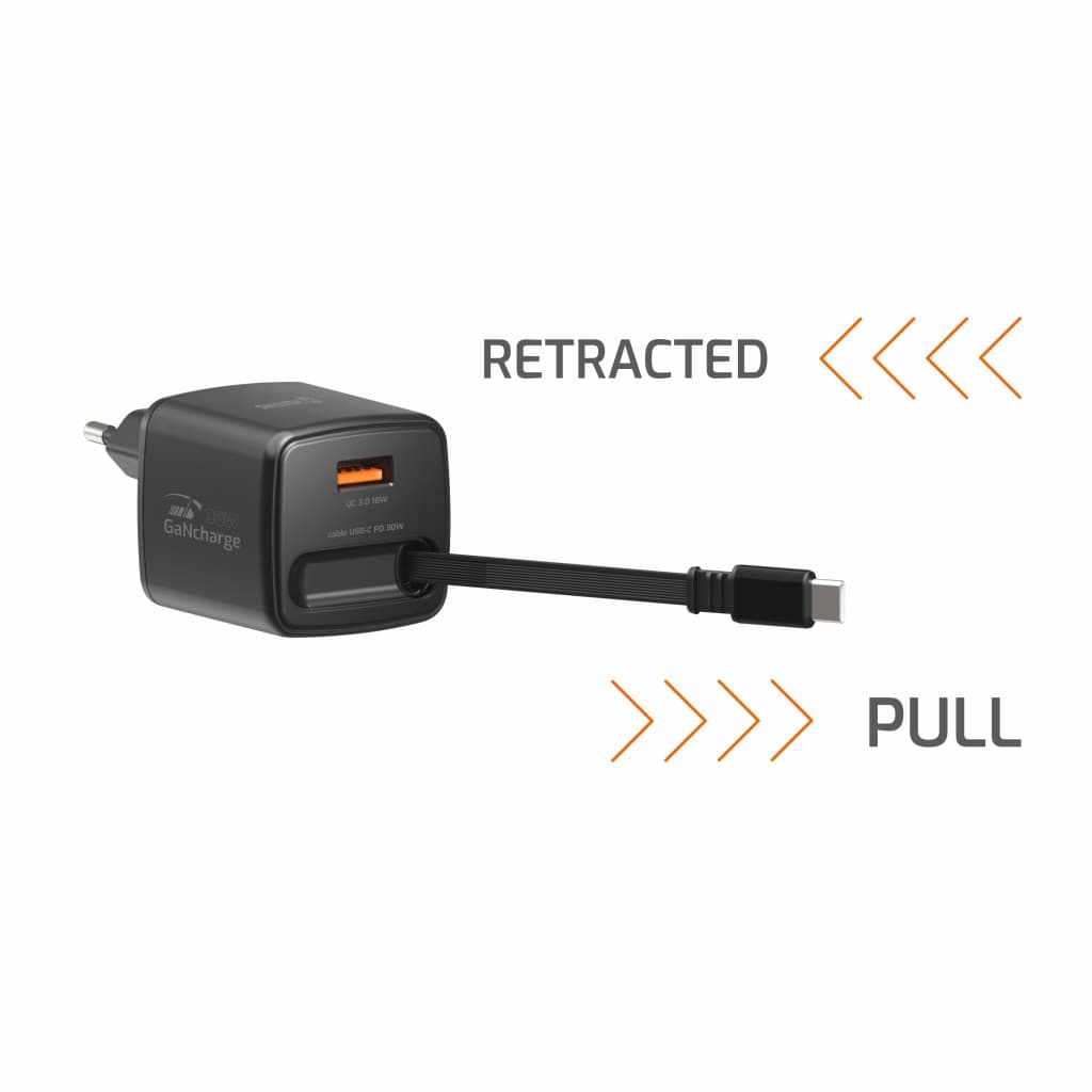 Adaptér Swissten Slidecharge Gan 30W, 1x USB-A 18W se zatahovacím USB-C kabelem 0.75 m černý - náhled 3