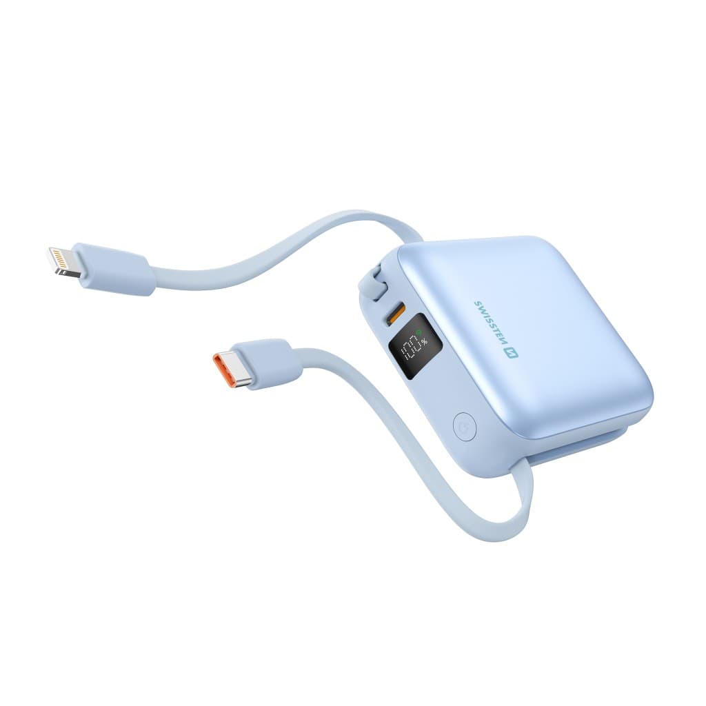 Powerbank Swissten Space 10000 mAh s integrovanými kabely usb-c a lightning modrá - náhled 3