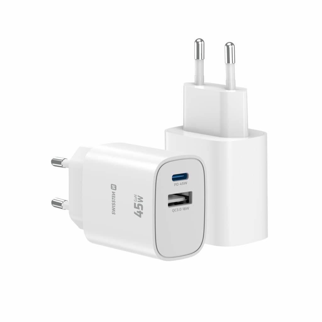 Adaptér Swissten Edge Gan 1x USB-C PD 45W + 1x USB-A 18W QC bílý - náhled 3