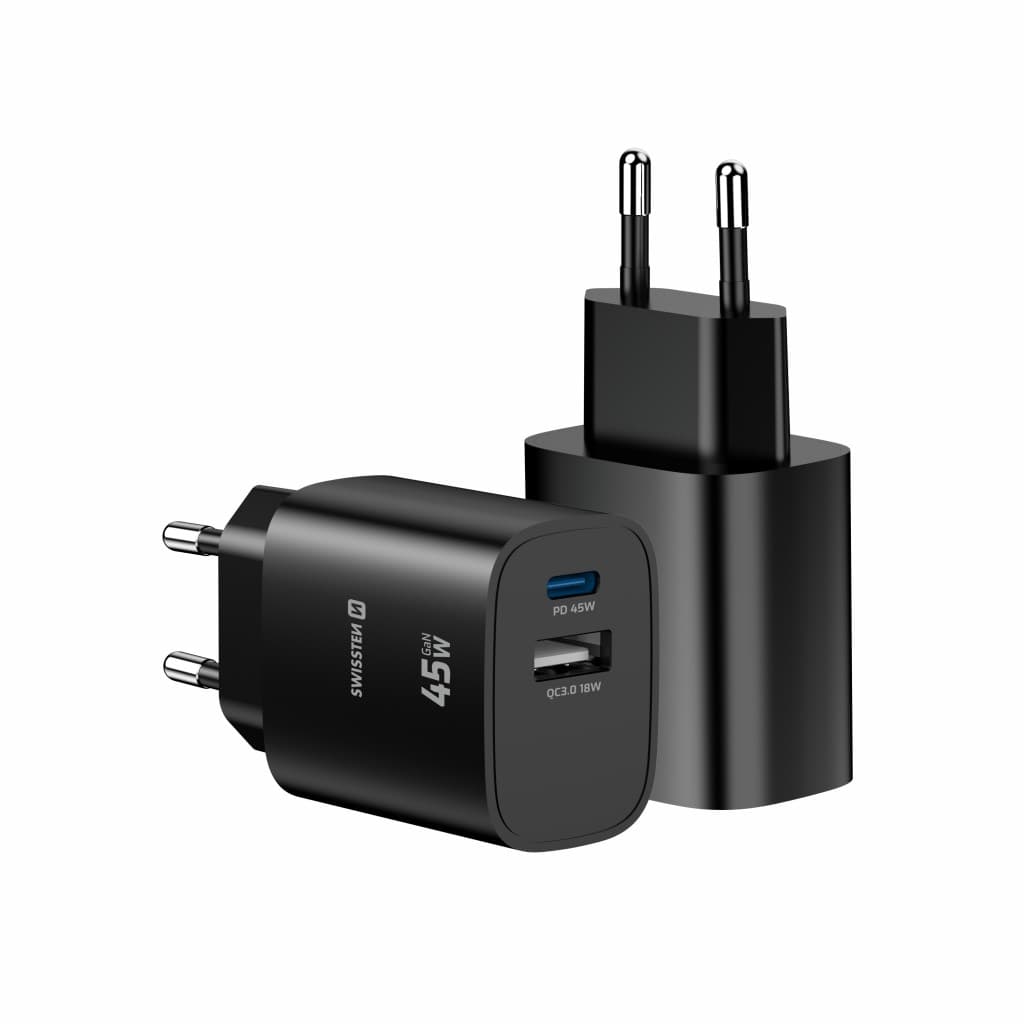 Adaptér Swissten Edge Gan 1x USB-C PD 45W + 1x USB-A 18W QC černý - náhled 3