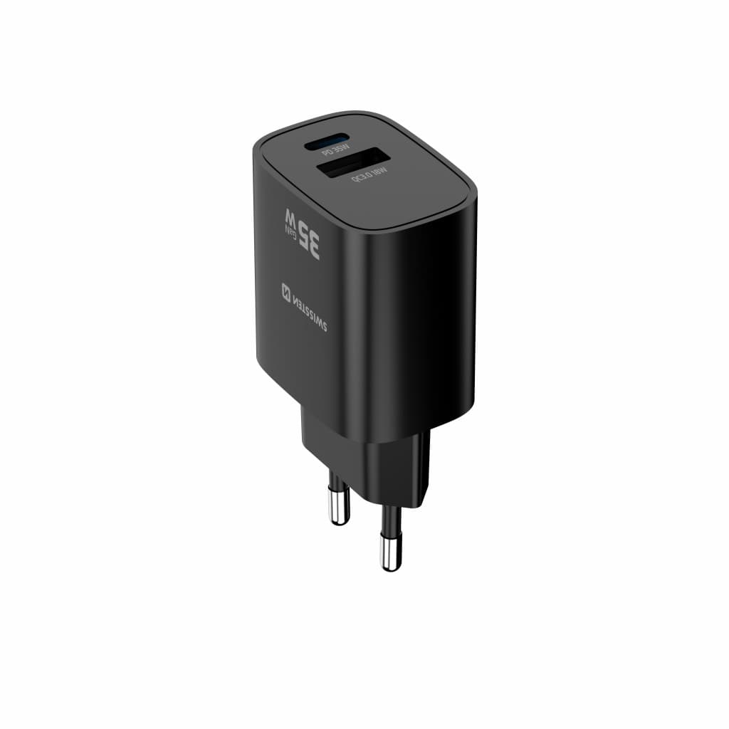 Adaptér Swissten Edge Gan 1x USB-C PD 35W + 1x USB-A 18W QC černý - náhled 3
