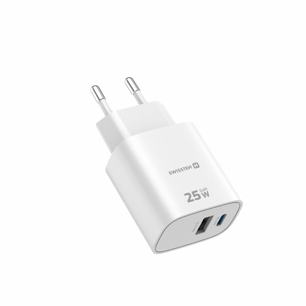 Adaptér Swissten Edge Gan 1x USB-C PD 25W + 1x USB-A 18W QC bílý - náhled 3