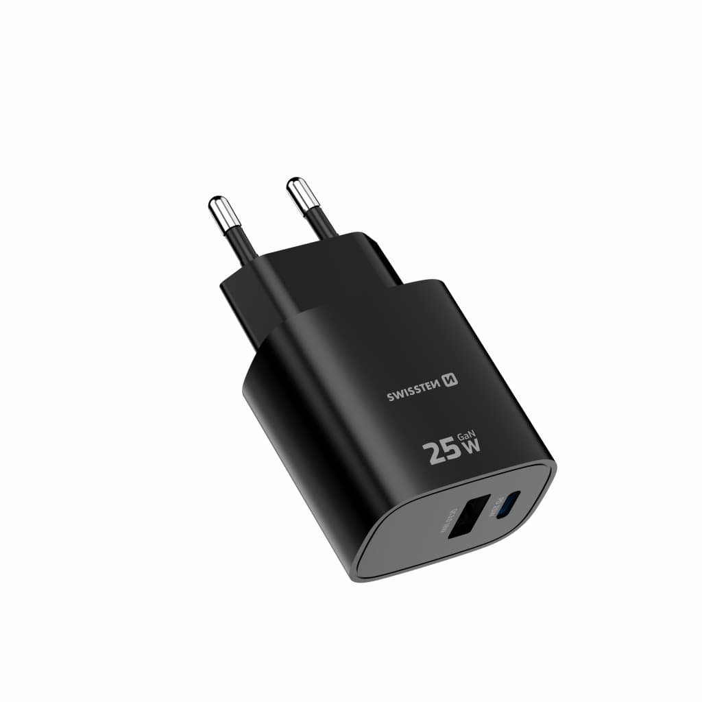 Adaptér Swissten Edge Gan 1x USB-C PD 25W + 1x USB-A 18W QC černý - náhled 3