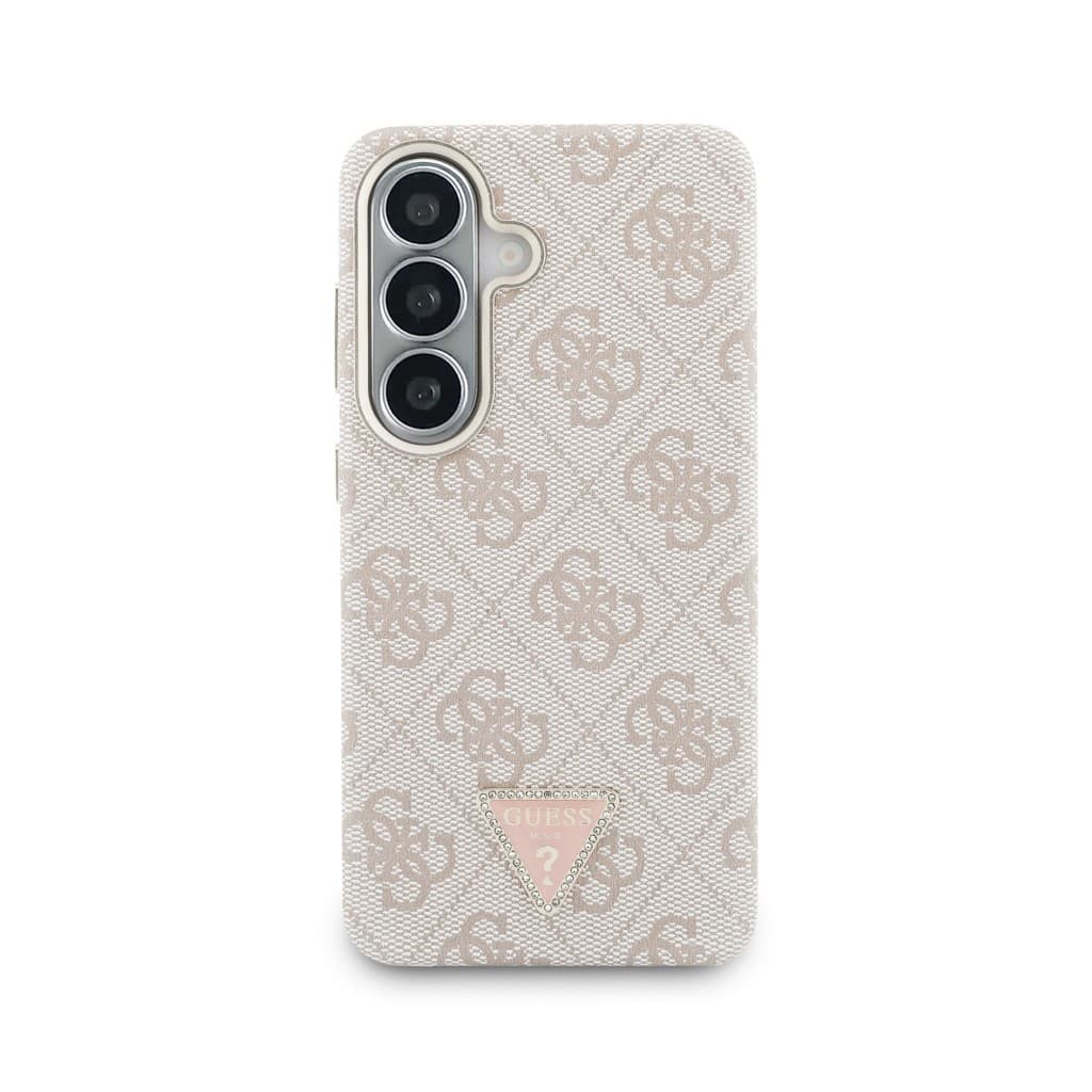 Zadní kryt Guess PU Leather 4G Strass Triangle Logo Gold Frame Magnetic pro Samsung Galaxy S26 růžový - náhled 3