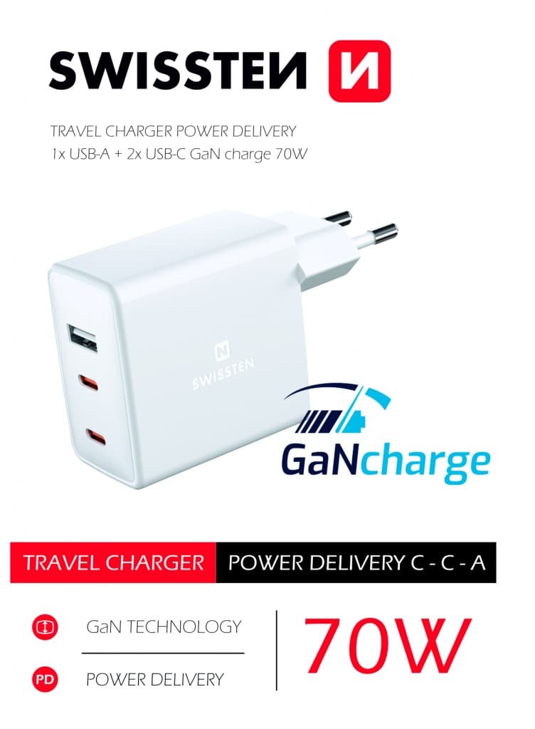 Swissten síťový adaptér gan 2x usb-c + 1xusb 70w - náhled 3