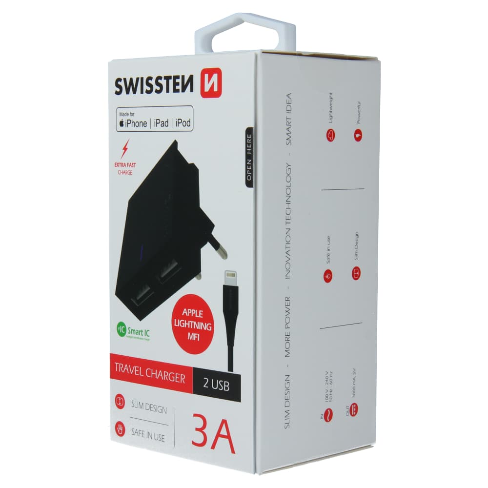 Swissten síťový adaptér smart ic 2x usb 3a power + datový kabel usb / lightning mfi 1,2 m černý - náhled 3