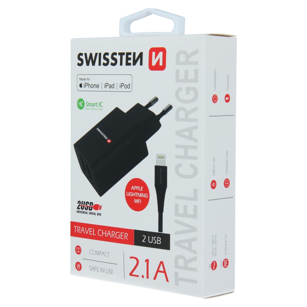 Swissten síťový adaptér smart ic 2x usb 2,1a power + datový kabel usb / lightning mfi 1,2 m černý - náhled 3