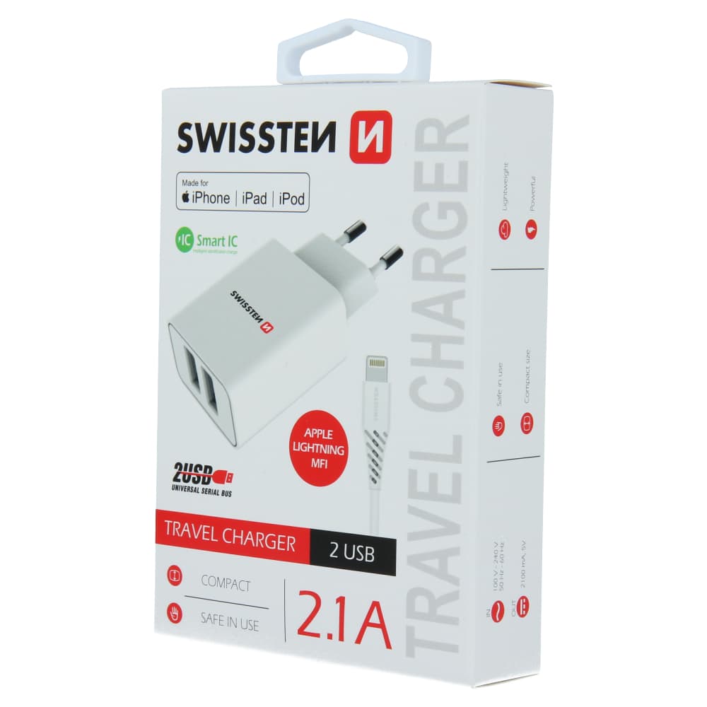 Swissten síťový adaptér smart ic 2x usb 2,1a power + datový kabel usb / lightning mfi 1,2 m bílý - náhled 3