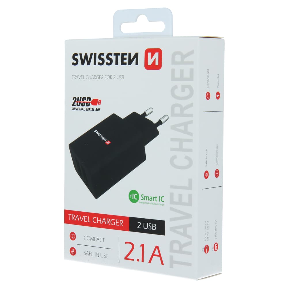 Swissten síťový adaptér smart ic 2x usb 2,1a power černý - náhled 3