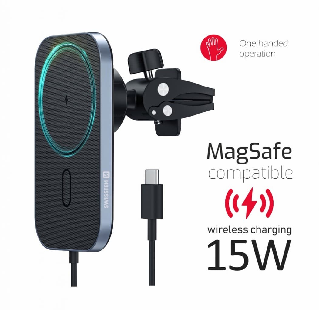 Magnetický držák do ventilace auta swissten s bezdrátovým nabíjením 15w (magsafe compatible) - náhled 3