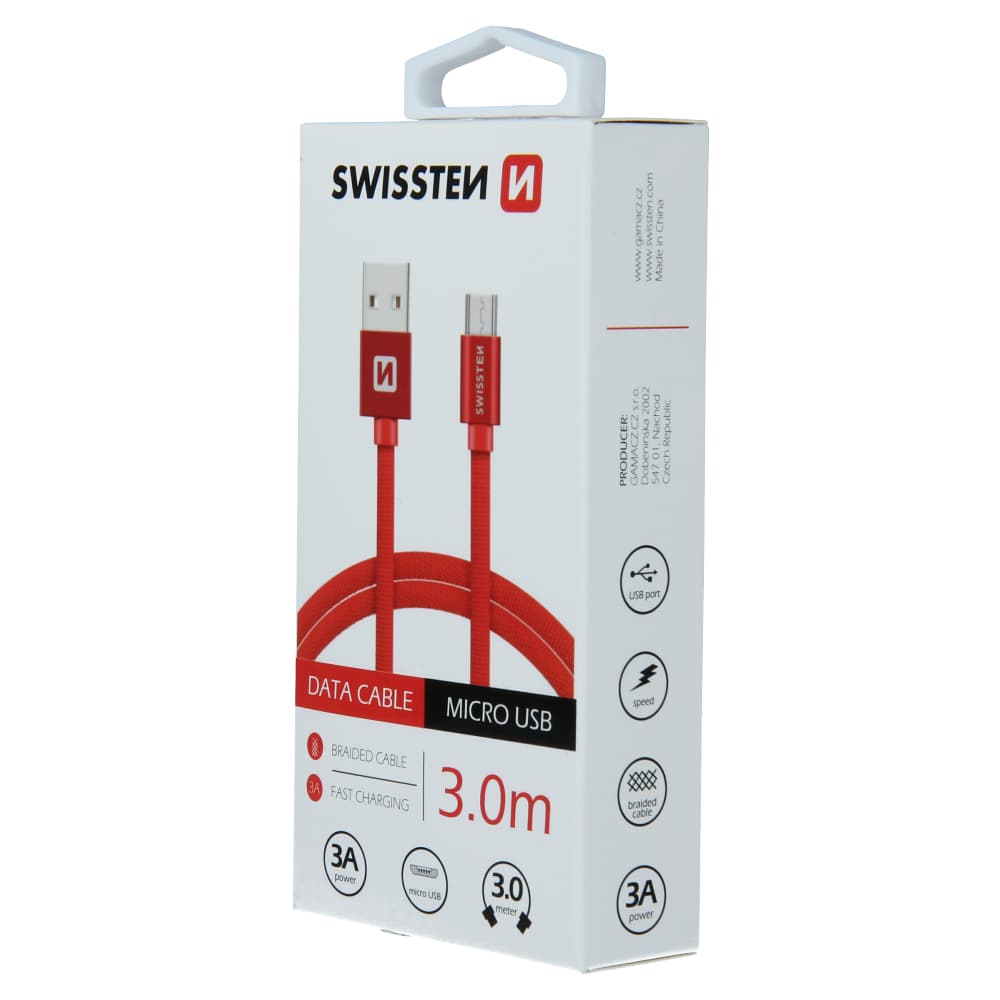 Datový kabel swissten textile usb / micro usb 3,0 m červený - náhled 3