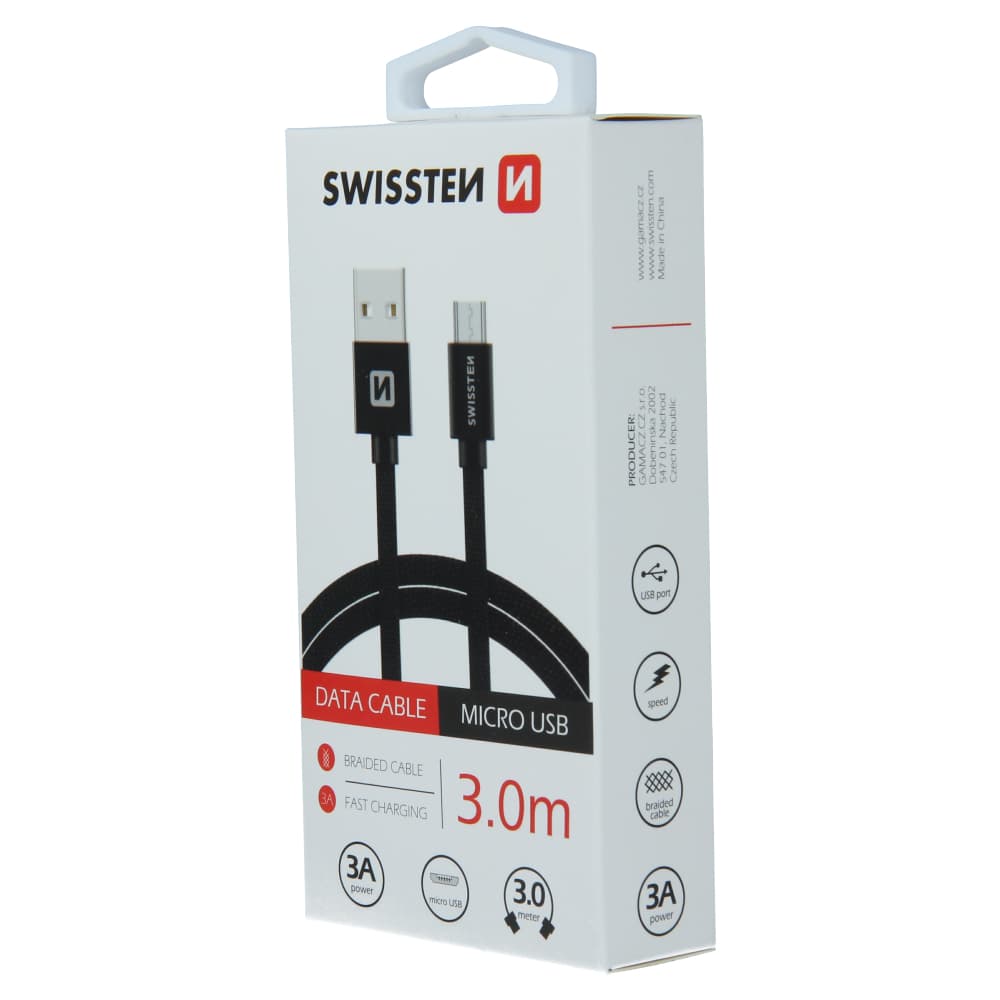 Datový kabel swissten textile usb / micro usb 3,0 m černý - náhled 3