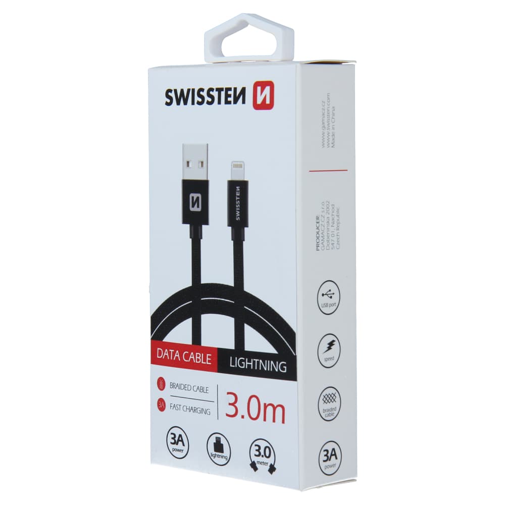 Datový kabel swissten textile usb / lightning 3,0 m černý - náhled 3