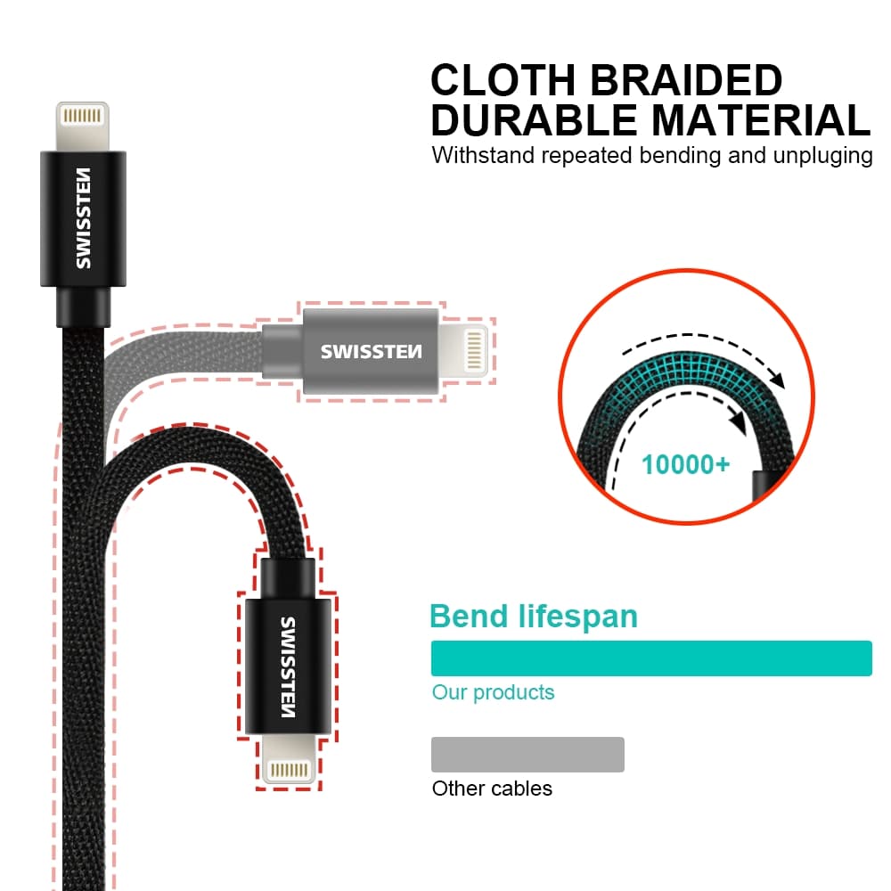 Datový kabel swissten textile usb / lightning mfi 2,0 m červený - náhled 3