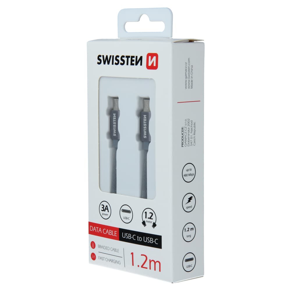 Datový kabel swissten textile usb-c / usb-c 1,2 m šedý - náhled 3