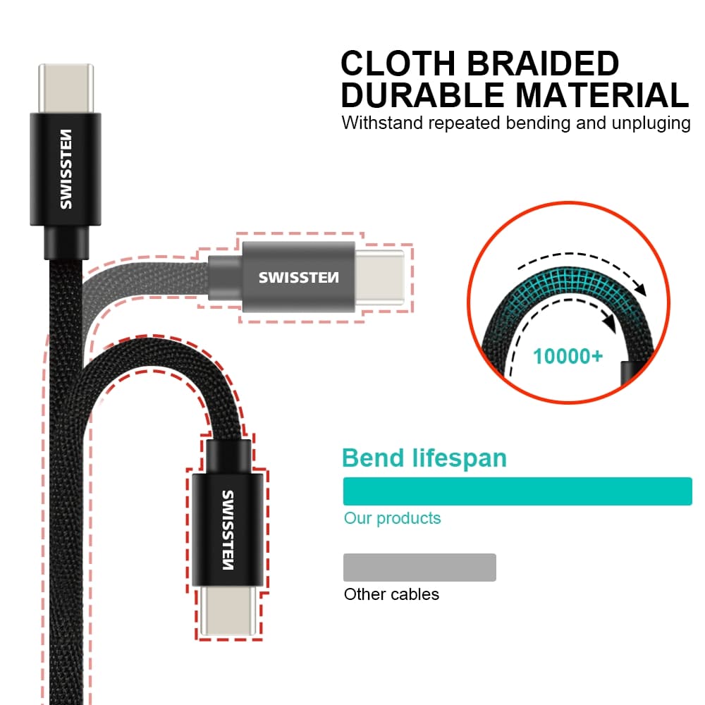 Datový kabel swissten textile usb-c / usb-c 1,2 m černý - náhled 3