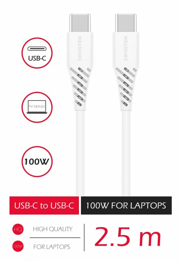 Datový kabel swissten tpe usb-c/usb-c power delivery 5a (100w) 2,5 m bílý - náhled 3