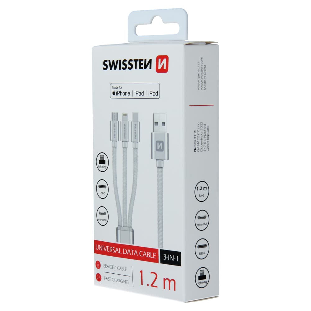 Datový kabel Swissten textile 3v1 mfi 1,2 m stříbrný - náhled 3