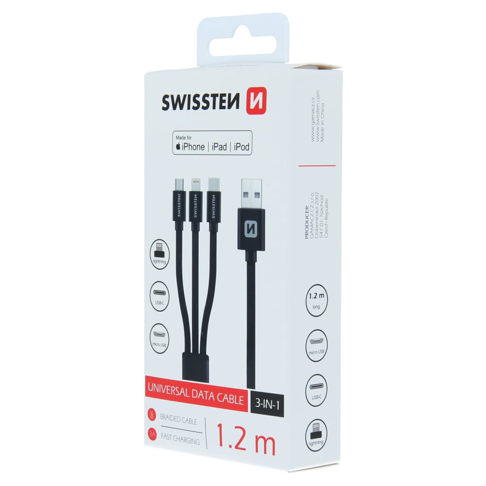 Datový kabel Swissten textile 3v1 mfi 1,2 m černý - náhled 3