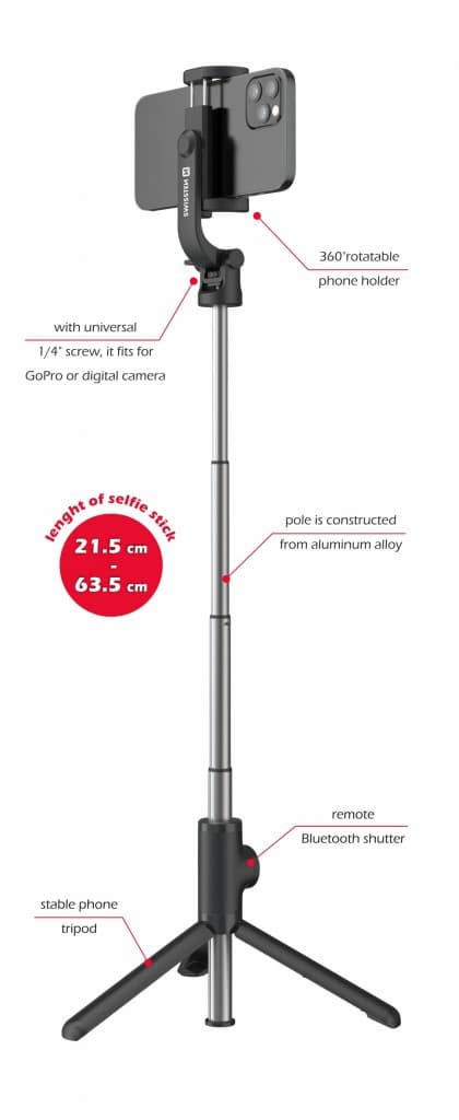 Swissten bluetooth selfie stick aluminum tripod pro - náhled 3