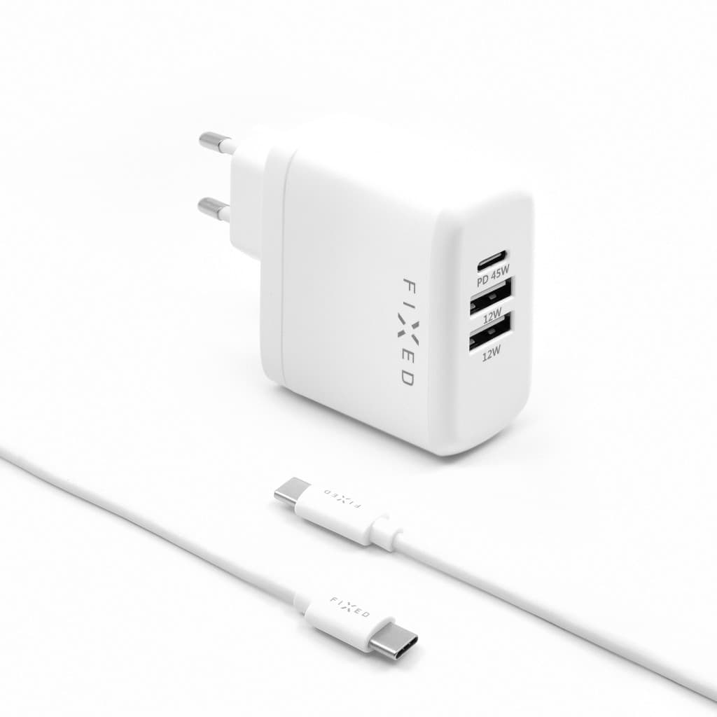 Set síťové nabíječky FIXED s USB-C a 2xUSB výstupem a USB-C/USB-C kabelu, podpora PD, 45W, bílý - náhled 3
