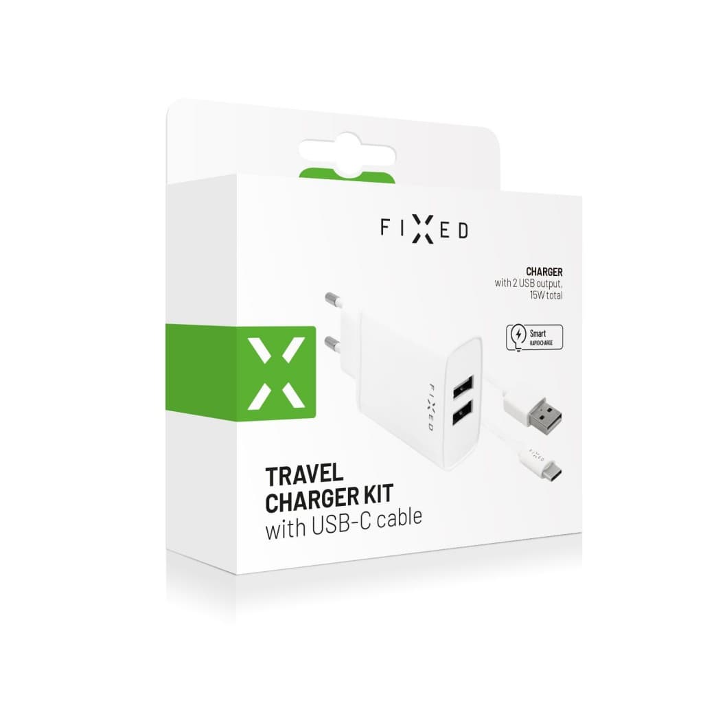 Set síťové nabíječky FIXED s 2xUSB výstupem a USB/USB-C kabelu, 1 metr, 15W Smart Rapid Charge, bílá - náhled 3