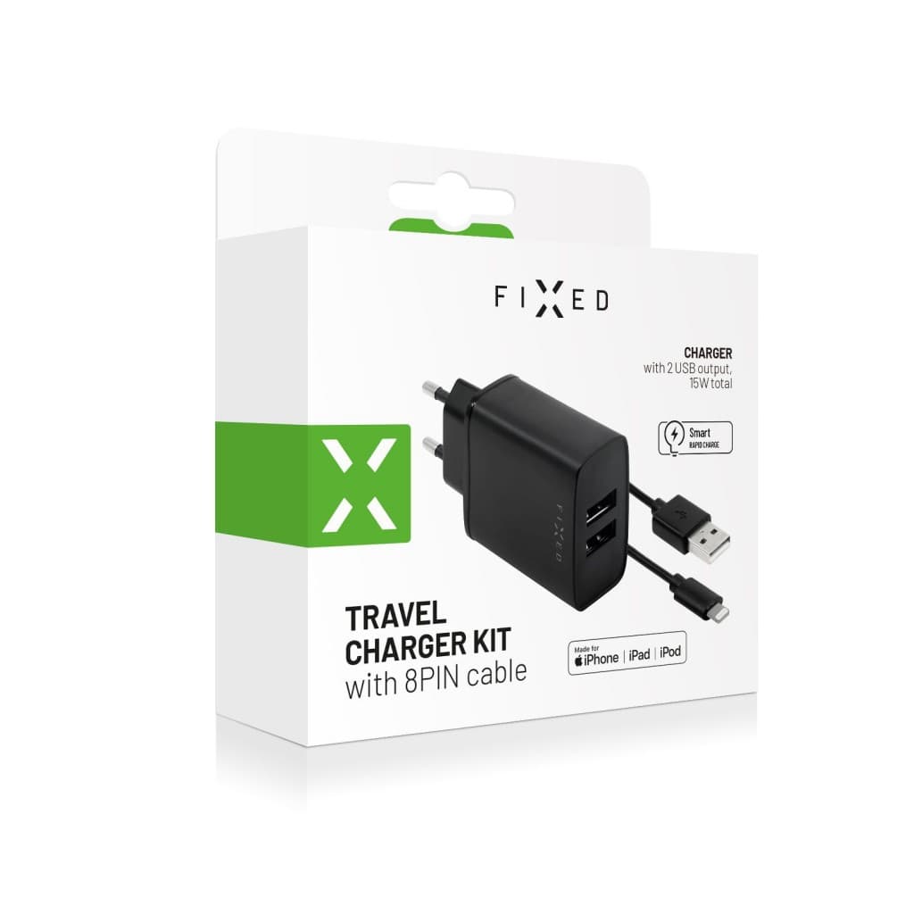 Set síťové nabíječky FIXED s 2xUSB výstupem a USB/Lightning kabelu, 1m, MFI certifikace, 15W Smart Rapid Charge, černá - náhled 3