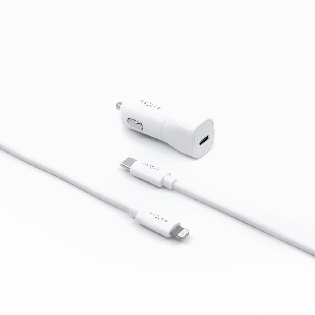 Set autonabíječky FIXED s USB-C výstupem a USB-C/Lightning kabelu, podpora PD, 1 metr, MFI, 18W, bílý - náhled 3
