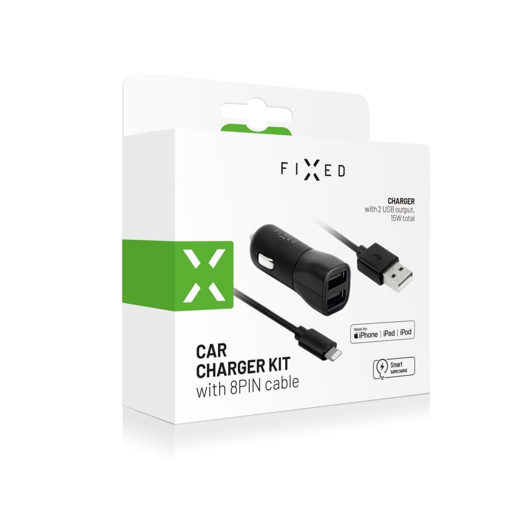 Set autonabíječky FIXED s 2xUSB výstupem a USB/Lightning kabelu, 1 metr, MFI certifikace, 15W Smart Rapid Charge, černá - náhled 3
