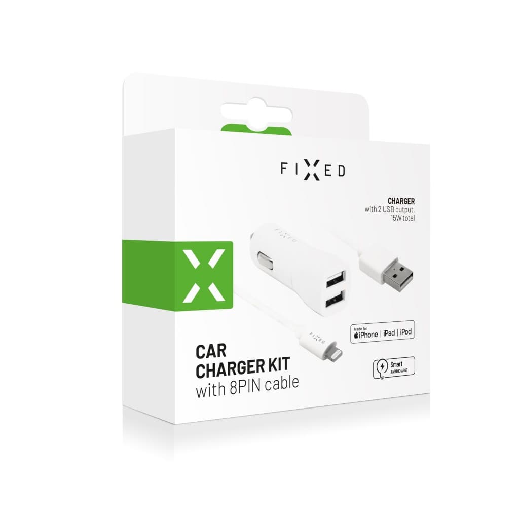 Set autonabíječky FIXED s 2xUSB výstupem a USB/Lightning kabelu, 1 metr, MFI certifikace, 15W Smart Rapid Charge, bílá - náhled 3