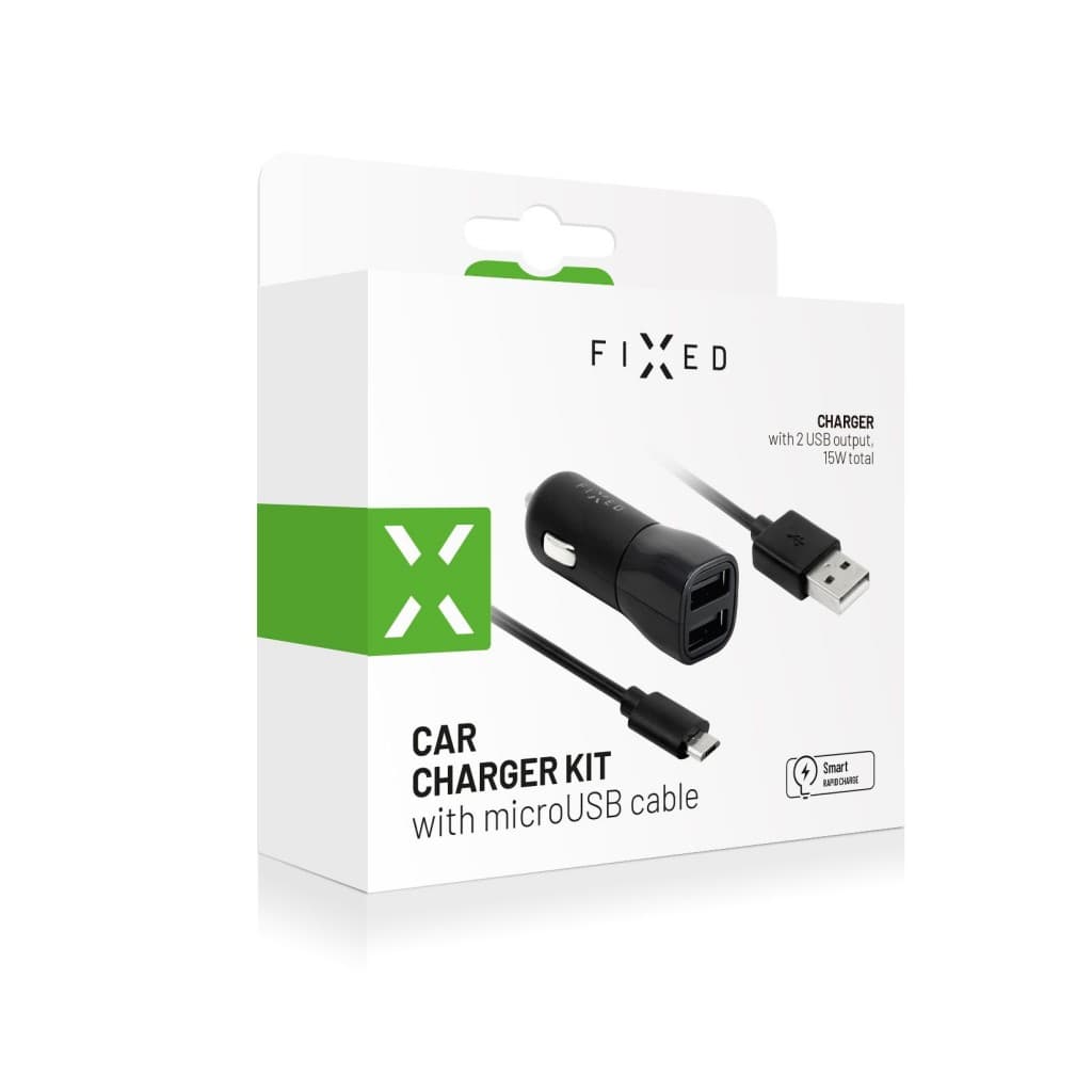 Set autonabíječky FIXED s 2xUSB výstupem a USB/micro USB kabelu, 1 metr, 15W Smart Rapid Charge, černá - náhled 3