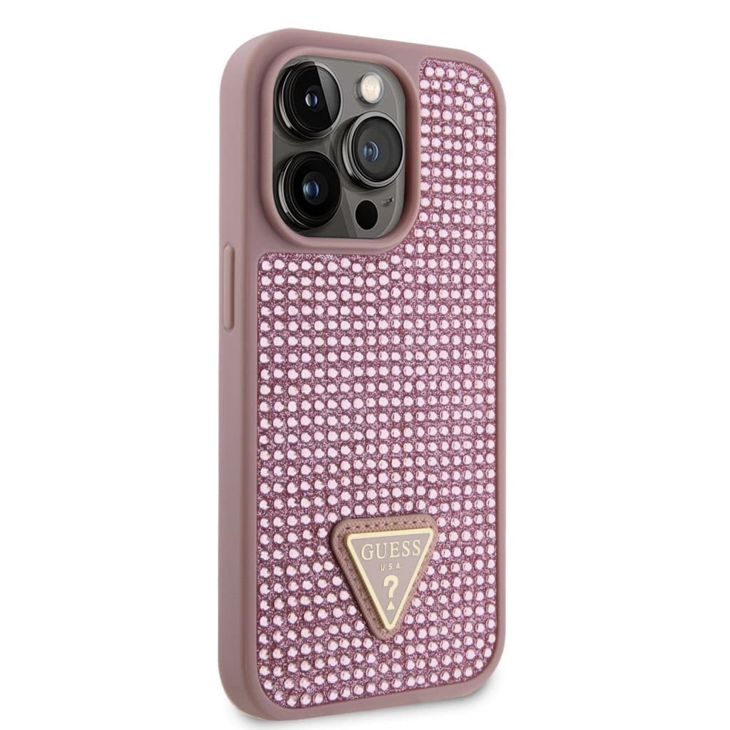 Zadní kryt Guess Rhinestones Triangle Metal Logo na iPhone 14 Pro růžový - náhled 3
