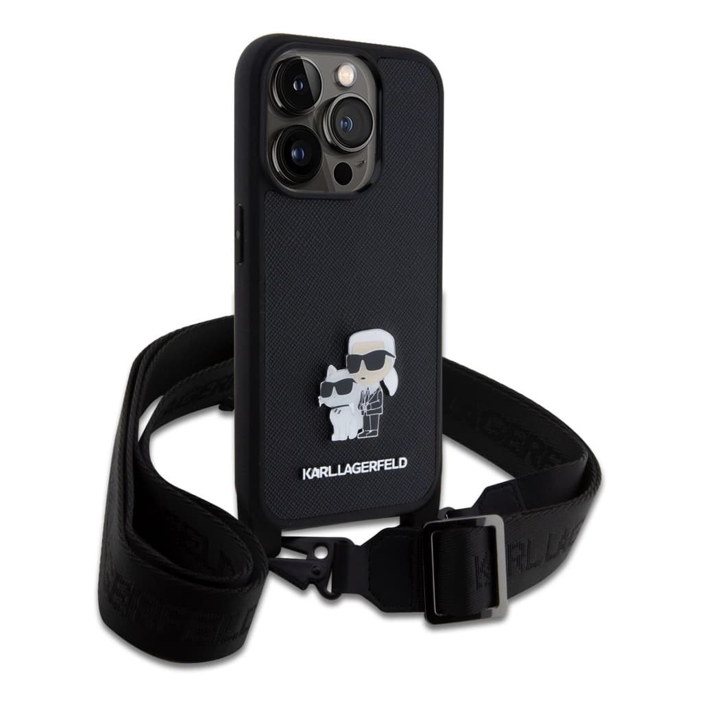 Karl Lagerfeld Saffiano Crossbody Metal Karl and Choupette Zadní Kryt pro iPhone 15 Pro Black - náhled 3