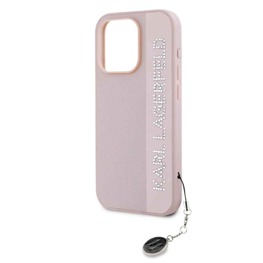 Karl Lagerfeld PU Saffiano Rhinestone Charm Zadní Kryt pro iPhone 15 Pro Max Pink - náhled 4