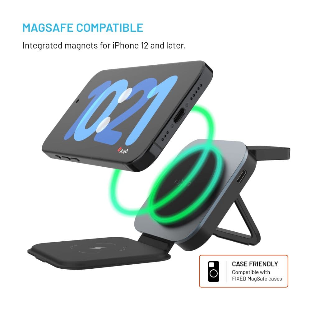 Skládací magnetický bezdrátový nabíjecí stojan 3v1 FIXED MagFlex Alu, 15W+2.5W+3.5W, šedý - náhled 4
