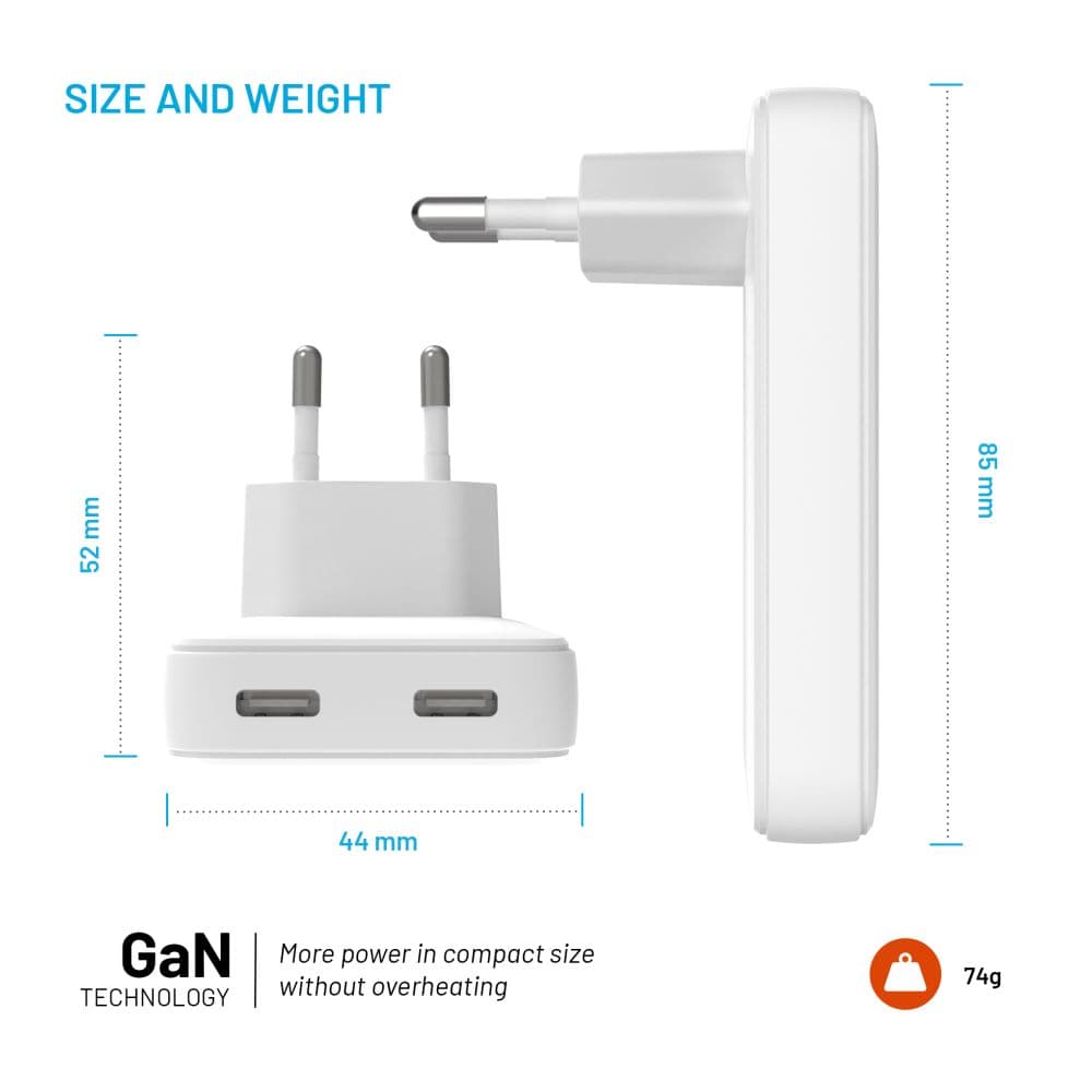 Adaptér GaN FIXED Slim s 2x USB-C výstupem a podporou PD, 45W, bílý - náhled 4