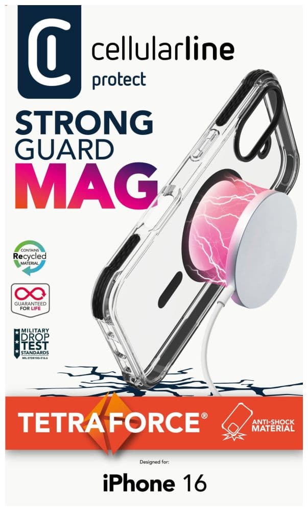 Ochranný kryt Cellularline Tetra Force Strong Guard Mag s podporou Magsafe pro Apple iPhone 16, transparentní - náhled 4