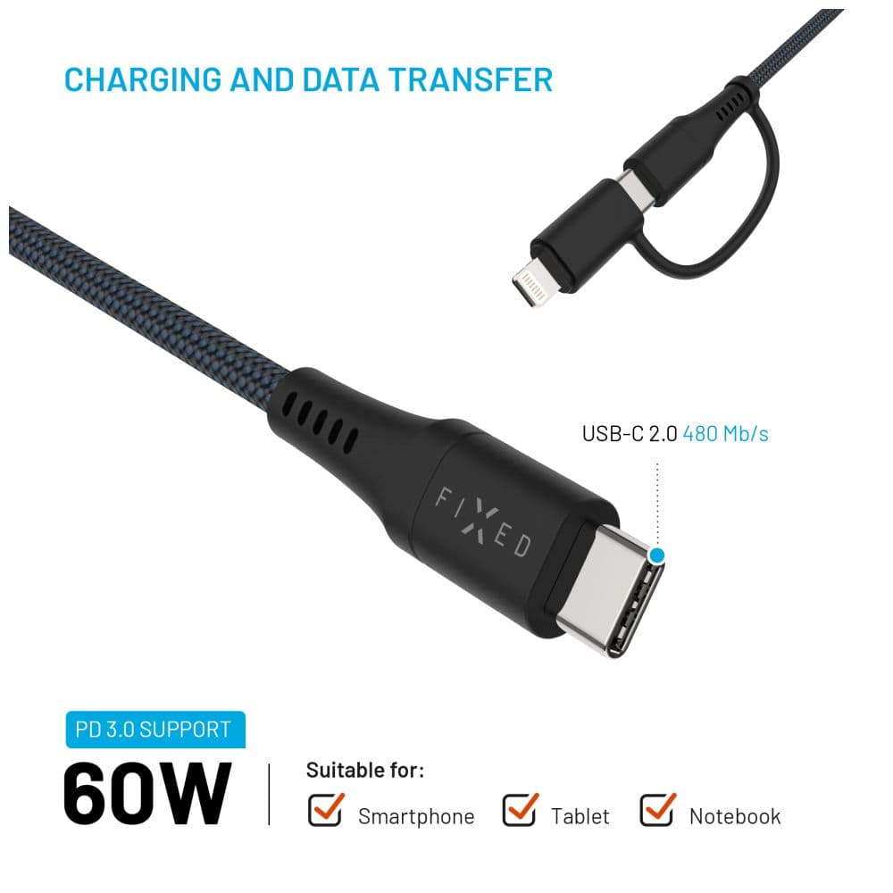 Nabíjecí a datový opletený kabel FIXED s konektory USB-C-USB-C a Lightning adaptérem, PD, 1.2m, MFi, PD 60W, šedý - náhled 4