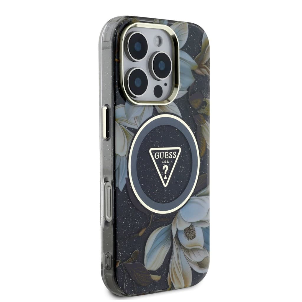 Zadní kryt Guess IML Glitter Magnolia and Triangle Logo MagSafe pro iPhone 16 Pro Max Black - náhled 4