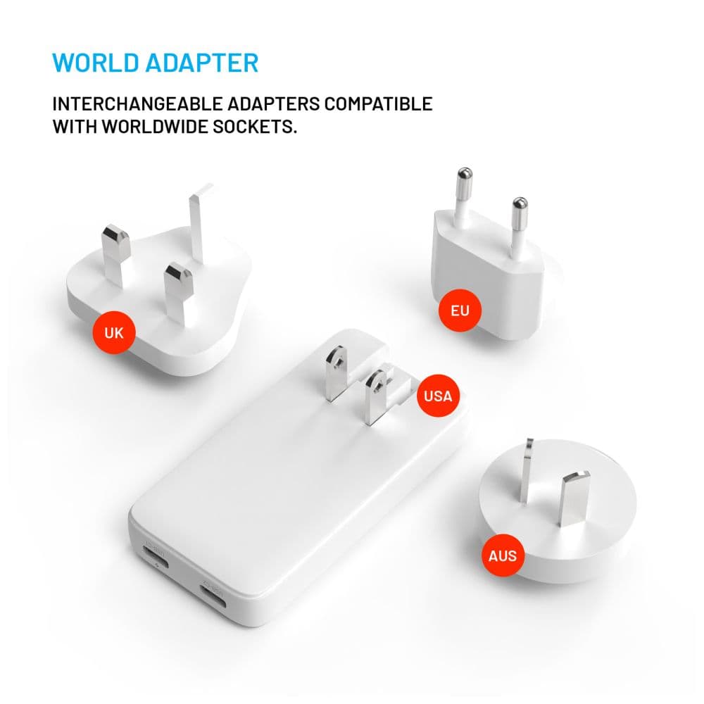 Síťový GaN adaptér FIXED Slim Traveller s 2x USB-C výstupem s vyměnitelnými adaptéry, 45W, bílý - náhled 4