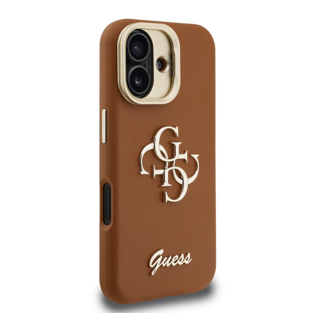 Zadní kryt Guess PU Grained 4G Logo Stand Camera Frame pro iPhone 16 Brown - náhled 4