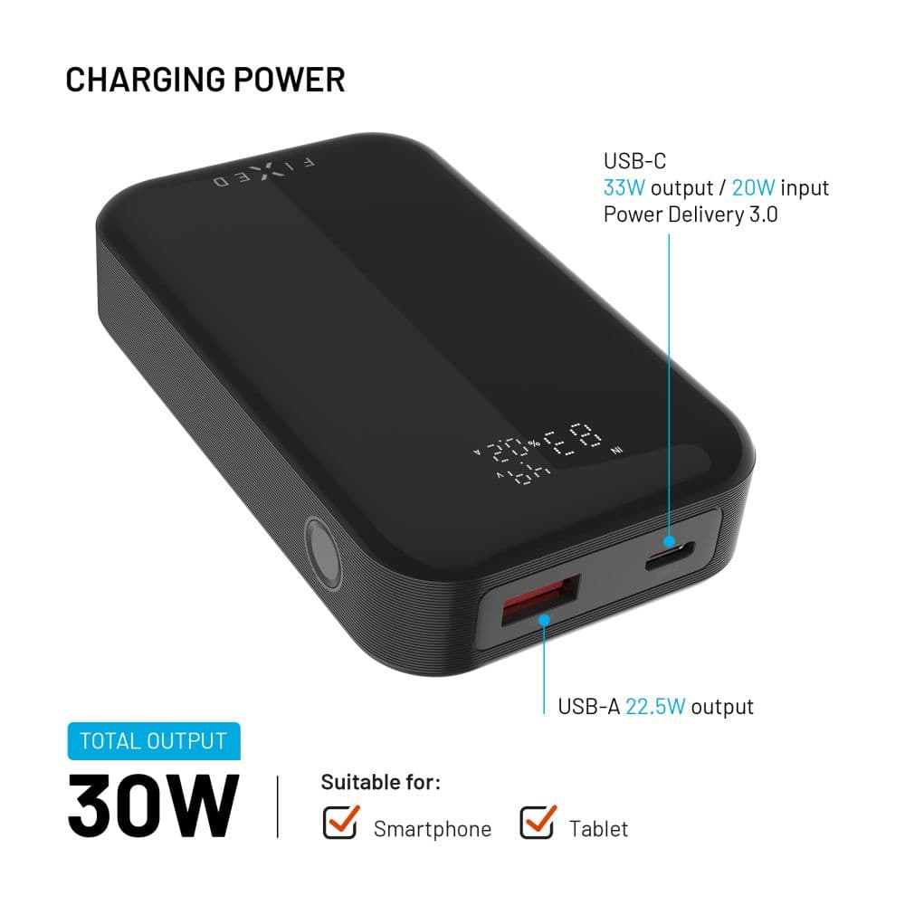 Powerbanka FIXED Zen 10 Pro s LCD displejem a výstupem 30W, 10 000 mAh, černá - náhled 4