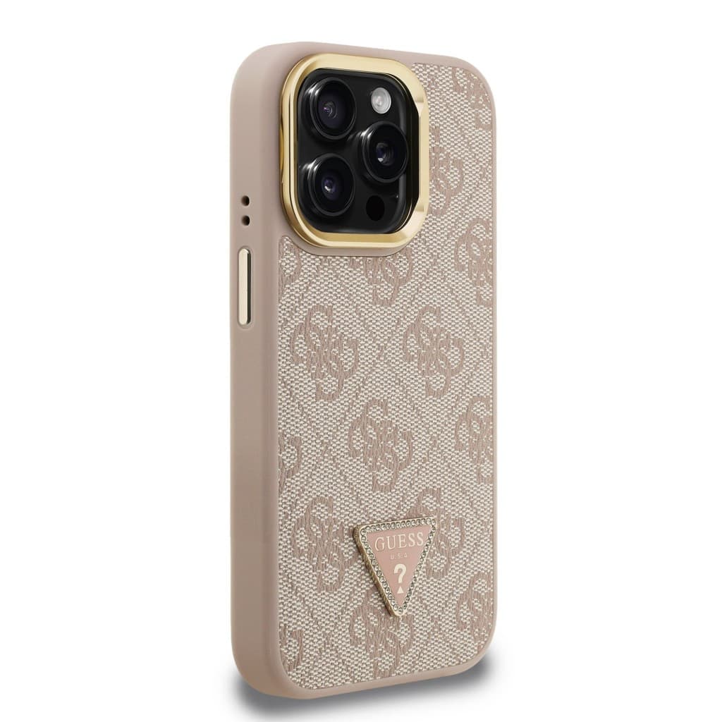 Zadní kryt Guess PU 4G Strass Triangle Logo Stand Camera Frame MagSafe pro iPhone 15 Pro Max Pink - náhled 4