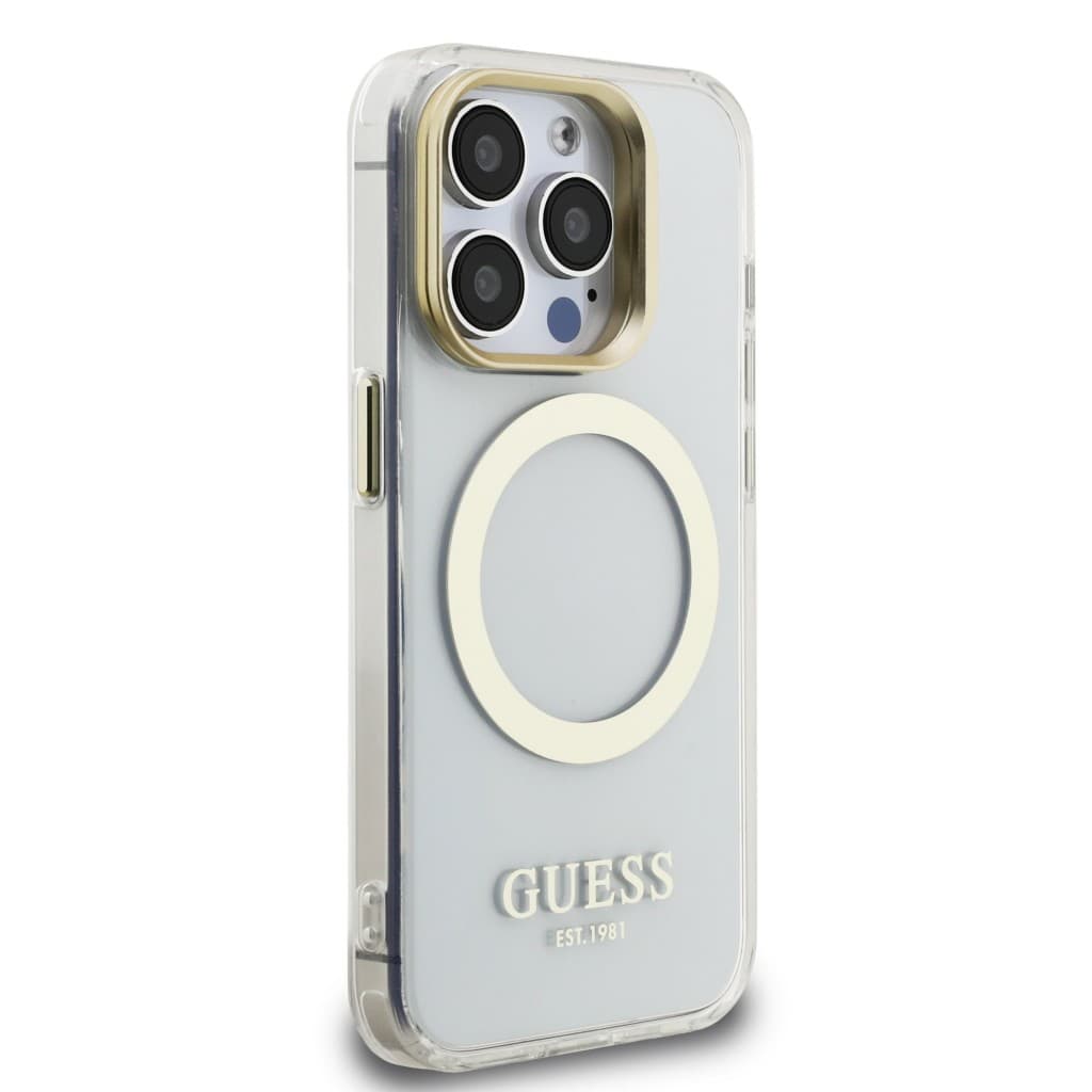 Zadní kryt Guess IML Gold Outline Stand Camera Frame MagSafe pro iPhone 15 Pro Transparent - náhled 4