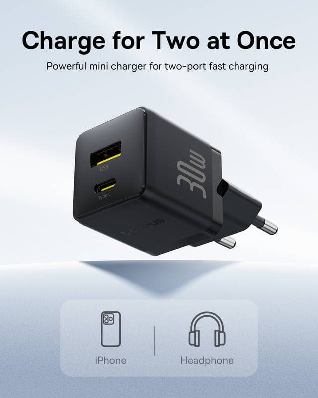 Adaptér s funkcí rychlonabíjení Baseus Palm Fast USB-A + USB-C 30W černý - náhled 4