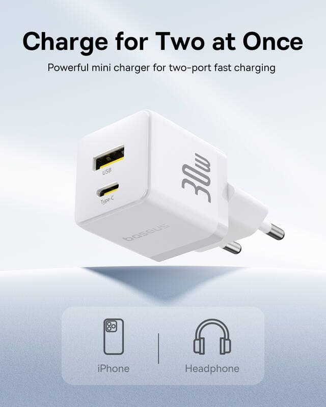 Adaptér s funkcí rychlonabíjení Baseus Palm Fast USB-A + USB-C 30W bílý - náhled 4