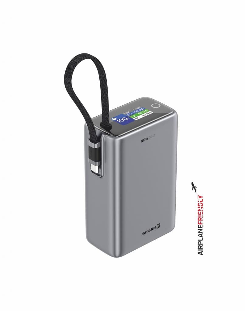 Powerbank Swissten cestovní 25000 mAh (96.25wh) 100W s integrovaným kabelem USB-C šedá - náhled 4
