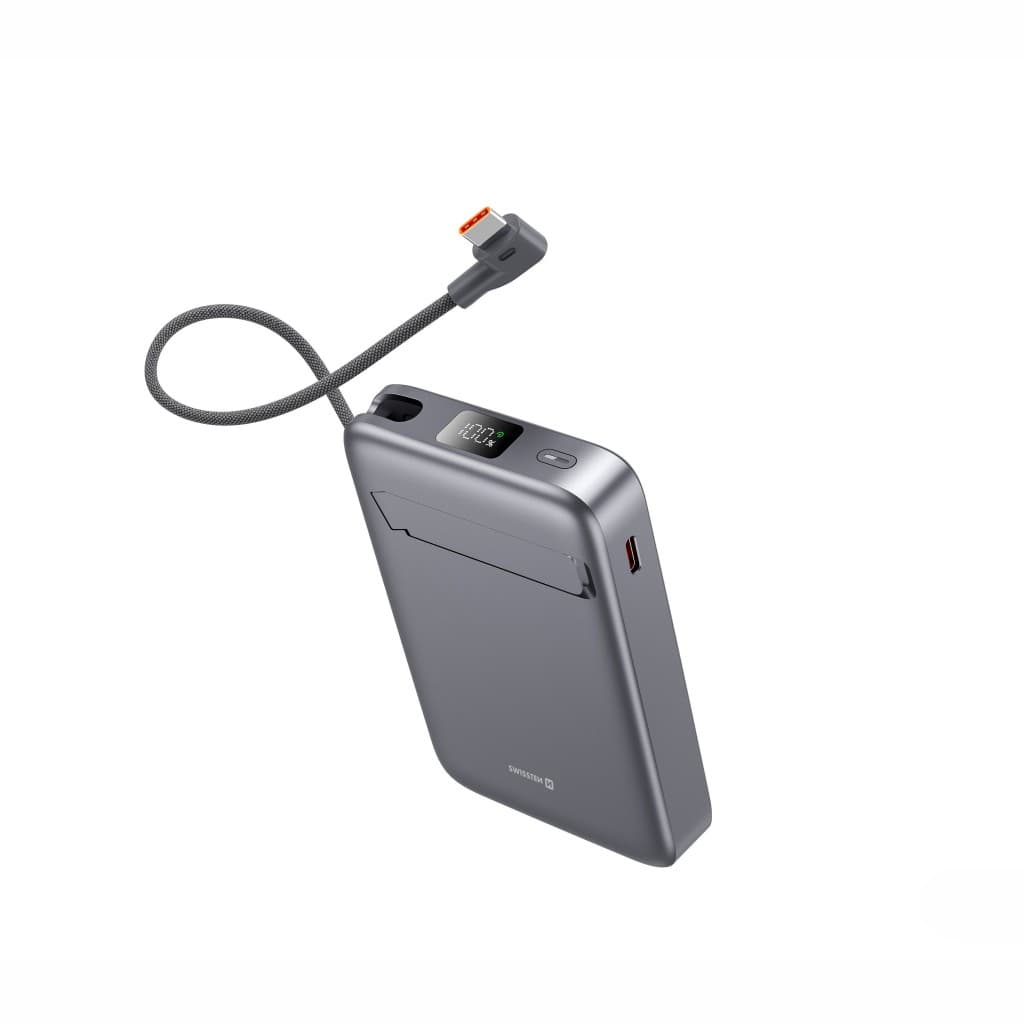 Powerbank Swissten Magsafe QI2 15W, 10000 mAh s integrovaným kabelem USB-C černá - náhled 4