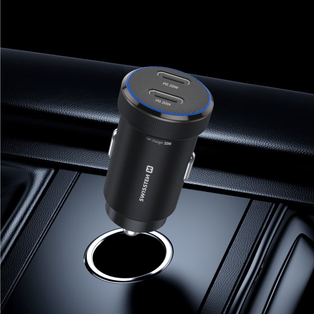 Adaptér do auta Swissten s funkcí rychlonabíjení 2x USB-C 20W černý - náhled 4