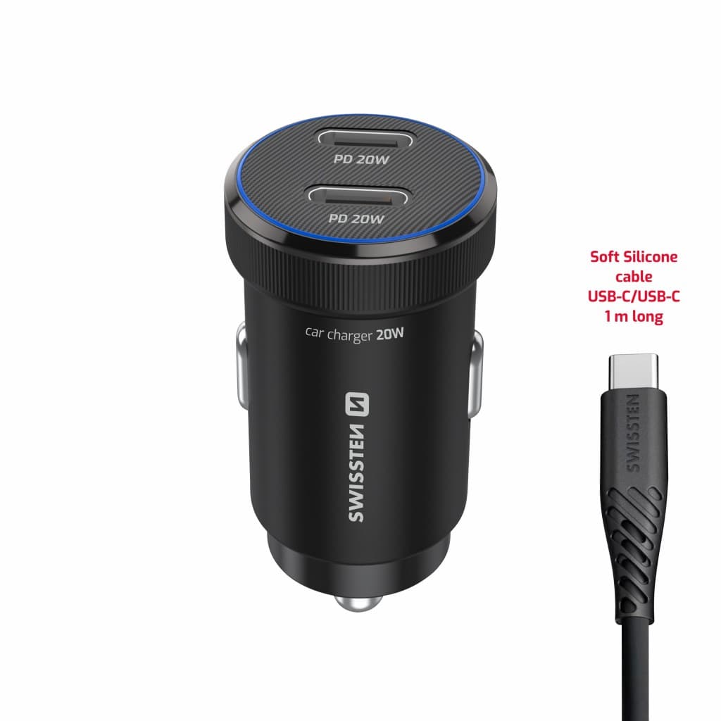 Rychlonabíječka do auta Swissten 2x USB-C PD 20W +  datový kabel USB-C 1 m černá - náhled 4